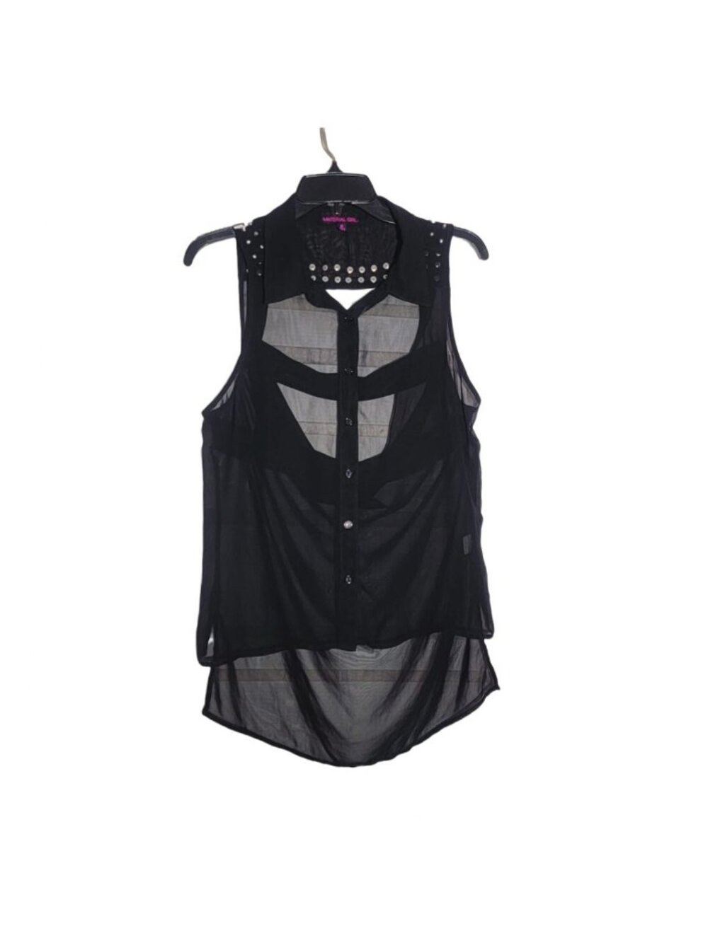 ⭐Material Girl M Womens Black Sheer Mesh Button Up Sleeveless High Low Top Shirt